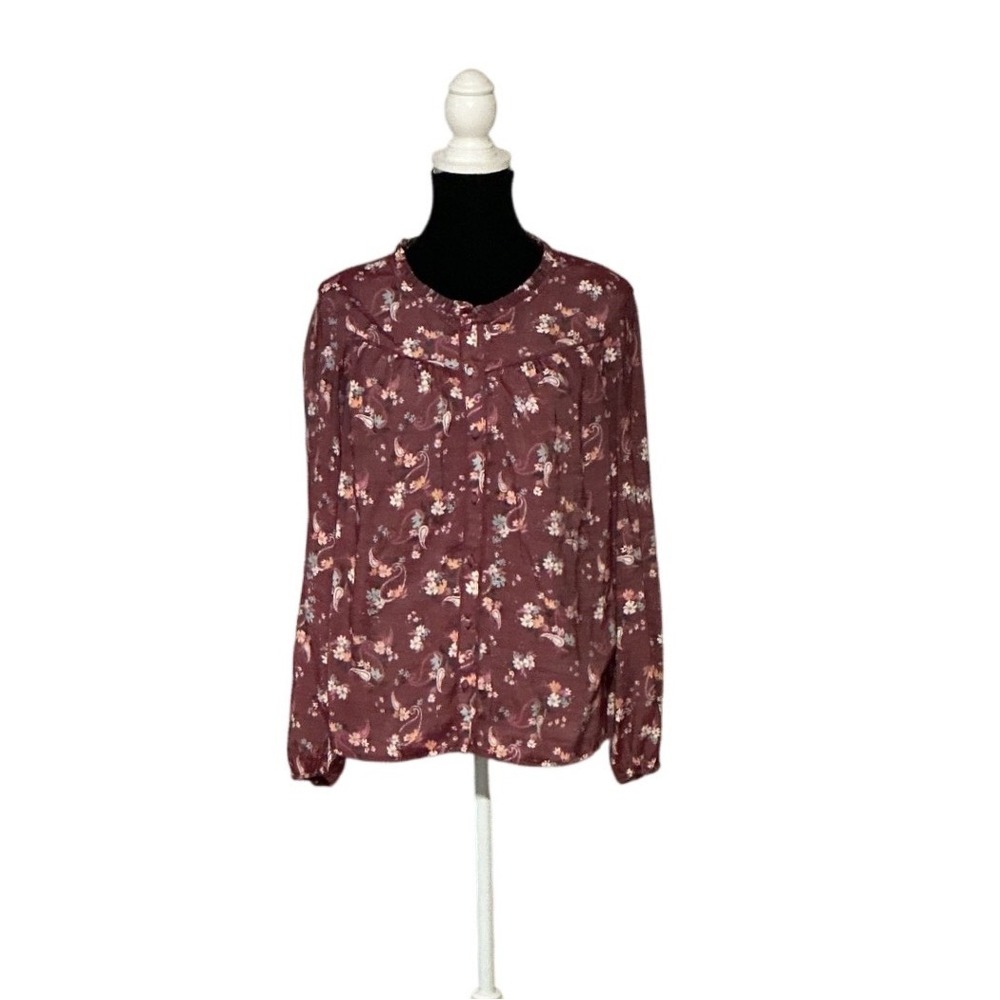 LC Lauren Conrad Feminine Peasant Boho Burgundy Floral Paisley long sleeve L top